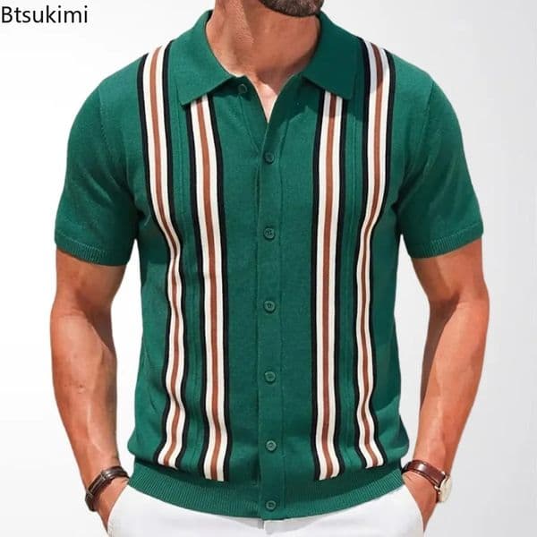 2026 Spring Summer Mens Short Sleeve Polo Shirt Knitted Slim Business Cardigan Shirt Streetwear Casual Tops Camisa Masculina 260424