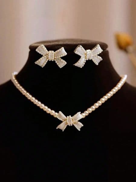 3PcsSet Faux Pearl Bow Necklace Earrings Jewelry Set For Women Valentine Mothers Day Gift 260423