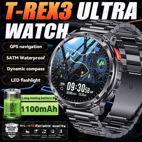 2026 T-Rex3 Ultra Smart Watch 1.7"AMOLED 1100mAh GPS Path 5ATM Waterproof Compass Smartwatch with LED Flashlight 26H0420