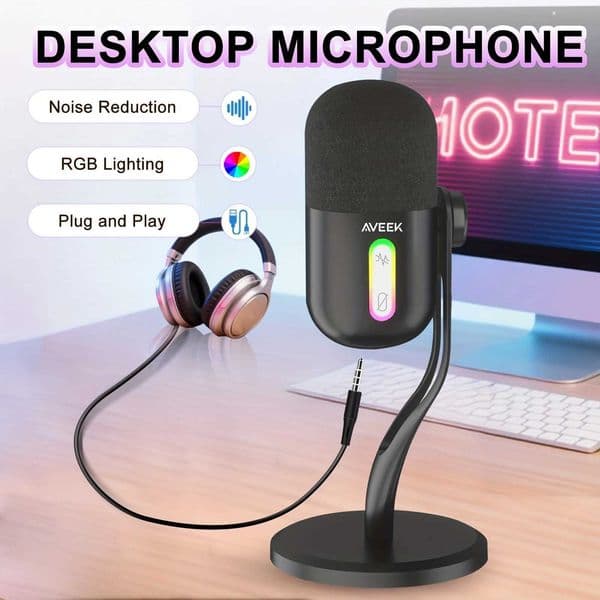 Aveek USB Condenser Microphone Gaming Studio Microphone Mic For PC And Mac Tap-to-Mute Sensor Noise Cancelling RGB J260423