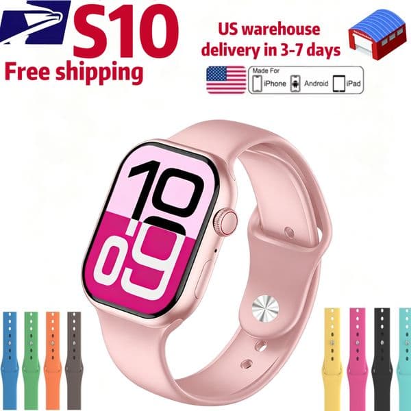 Compatible with Apple Watch bands; the S10 mini Bluetooth smartwatch features long battery life, water resistance, heart rate monitoring, and Bluetooth calling.