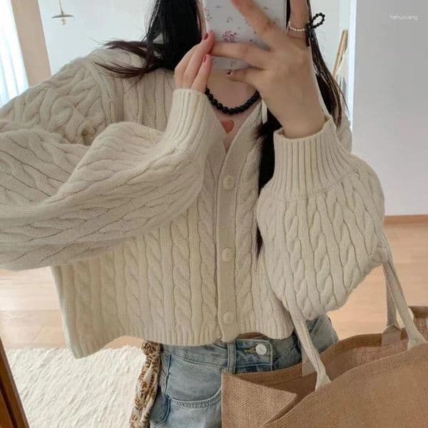 Women's Knits Cable Knit Cardigan For Women Long Sleeve Button-up Box-fit Crop Sweater Jacket Autumn Winter Teen-girl Y2K 90s Outfit