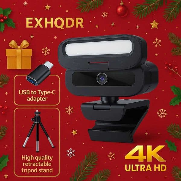 USB Webcam with 3-Color Fill Light4K Ultra HD CameraTripod StandType-C AdapterGift Box for MeetingsTeachingStreaming J260423