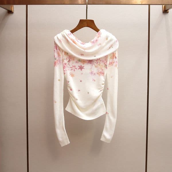 High-End Women's Clothing Spring New Style Elegant Lady Print Pleated Waist-Cinching Off-Shoulder Knit Top