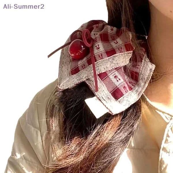 Summer2 Sweet Style Red Check Cherry Scrunchies Lace Cherry Square Scarf Hair Rope Hair Accessories Girls Gift L260424