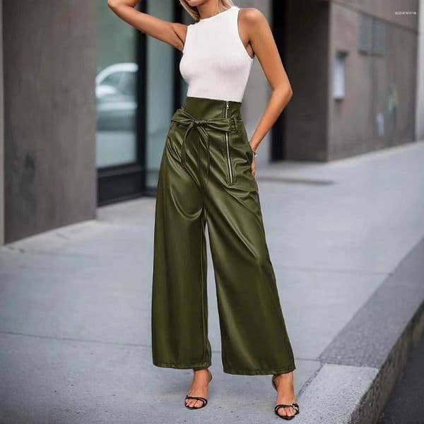 Women's Pants Trend Solid Color Pu Leather Women Zipper Bowknot Leace-up High Waist Wide Leg Trousers Comfortable Casual Commuting Style