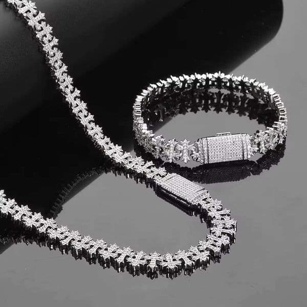 Eye Catching Micro Pave Ice with VVS moissanite Stone Cross Link Chain Necklace Bracelet Set for Men Women Hip Hop Rapper Jewelry