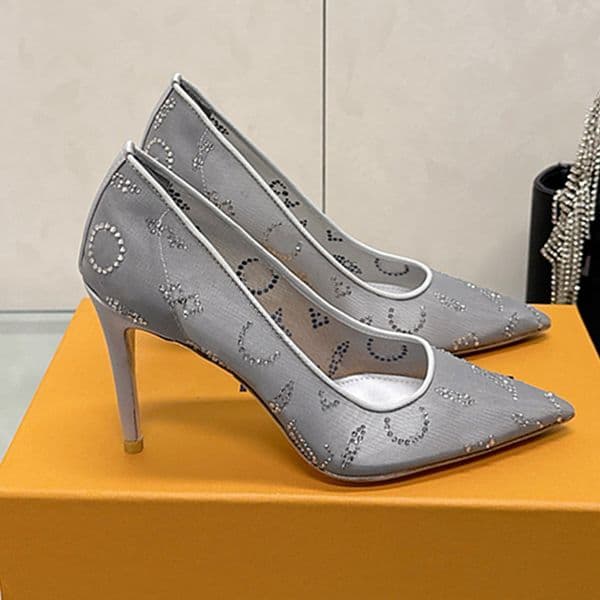 Gala Pump Designer Mesh Rhinestones High Heels Sandals 1AK2GN Luxury Womens Summer Strass Sandals Translucent Pointed Tip High Heels Leather Outsole Size 35 41