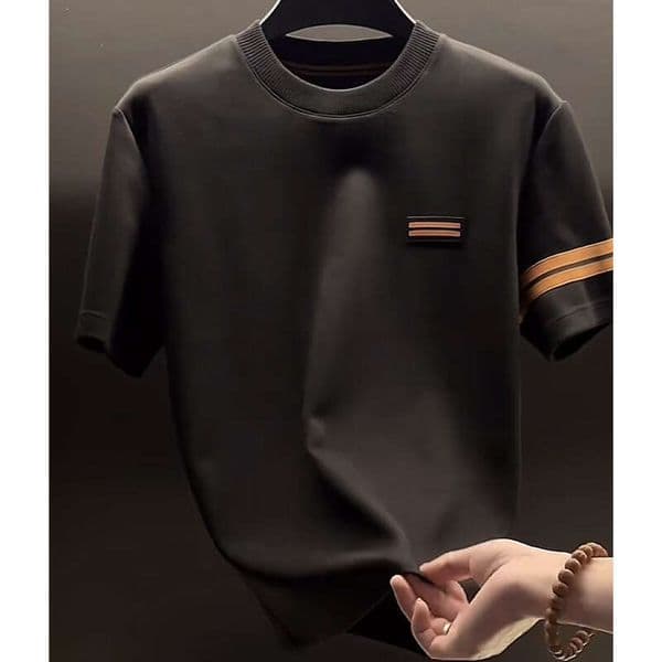 Men's Solid Color T Shirt With Orange Stripe Detail Crew Neck Short Sleeve Casual Streetwear Men's Slim Fit Tee For Office Daily Wear And Weekend Events