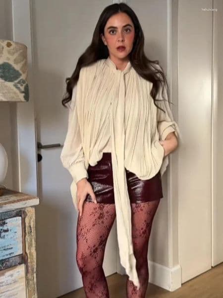 Women's Blouses Elegant Cascading Pleated Asymmetry Blouse Women Loose Long Sleeve Half High Neck Tops 2026 Spring Summer Lady Streetwear