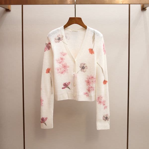 High-End Clothing Spring New French Elegant Versatile Floral Print Knit Sweater Women's Top