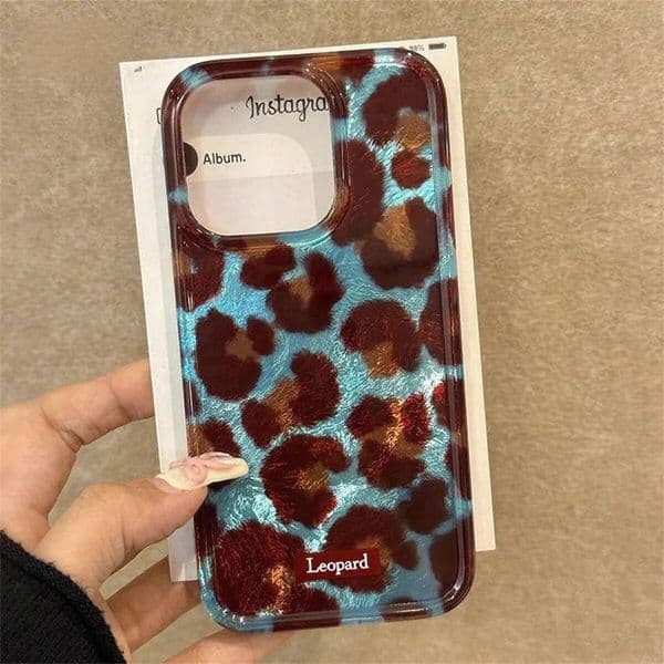 Luxury Glitter Blue Red Leopard Print Phone Case For iPhone 17 16 15 14 13 12 11 Pro Max 8 7 plus Soft TPU Shockproof Cover