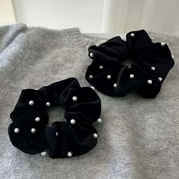 2Pcs French Style Black Satin Pearl Pleated Hair Ties Vintage Elegant Hair Accessories Soft Hairbands for Women Daily Use L260424