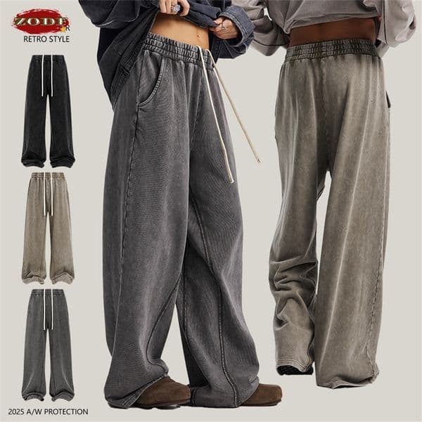 ZODF Retro Autumn Men 380gsm Washed Cotton Pants Unisex Distressed Loose Terry Sport Trousers Sweatpants HY1079 260424