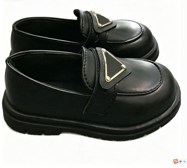 Designer Inspired Kids Loafers Inverted Triangle Sign Soft Sole Slip-On Shoes Boys Girls Black Casual School Uniform & Daily Wear