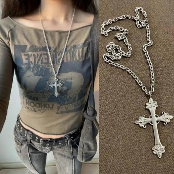 Starry Fleld Rose Cross Necklace Stylish Koreanstyle Cool Silver Large Carved Sweater Chain 260424