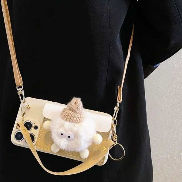 Milk white plush coal ball loose change card case for iPhone14 15 16 13 12 11Pro lanyard cute doll leather card case J260423