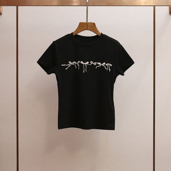 High-End Women's Fashion Summer New Slim-Fit Versatile Short-Sleeve Printed Beaded Bow Creative T-Shirt for Women