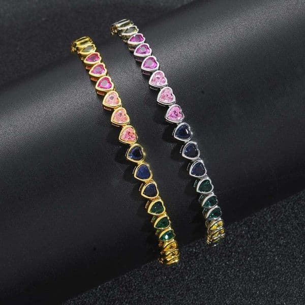 moissanite 5mm colorful heart-shaped copper zircon tennis chain bracelet, ins simple single-row chain, light luxury couple hip-hop jewelry