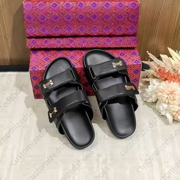 Sandals Designer Women Slide Flip Flops Designer Slides Women Luxury Women Slides Black Leather Two Strap Open Toe Flat Slip On Beach Pool Slippers Sandals Gold Box 42