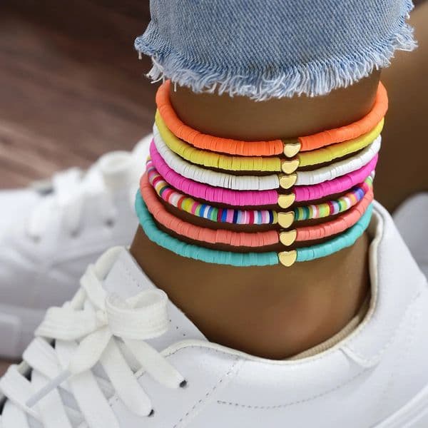 7Pcs Colorful Stackable Anklet Set For Women Heart Charm Soft Clay Pottery Layering Ankle Bracelet Girls Summer Beach Jewelry 260424