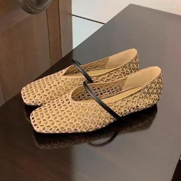 Casual Shoes Square Toe Hollow-out Woven One-Strap Versatile Soft Slip Single Women's Sole Non-Slip Flats