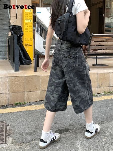 Botvotee Camo Calf Length Jeans for Women High Waisted Wide Leg Baggy Denim Camouflage with Pockets Summer Fashion Pants 260424BANJIA