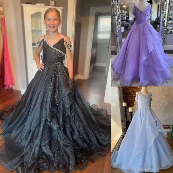 Blue Light Purple Pageant Dress Girls Crystals Straps Organza Gown for Birthday, Formal & Cocktail Party - Infant Toddler Preteen Teens Junior Miss