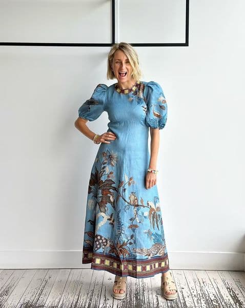 Australian designer dress linen blue printed bubble sleeve dress women's long vacation casual style