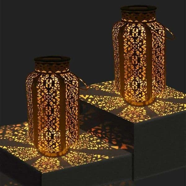 Led Hanging Retro Solar Iron Art Lantern Decorative Vintage Pathway Lamp Outdoor Metal Hollow Light
