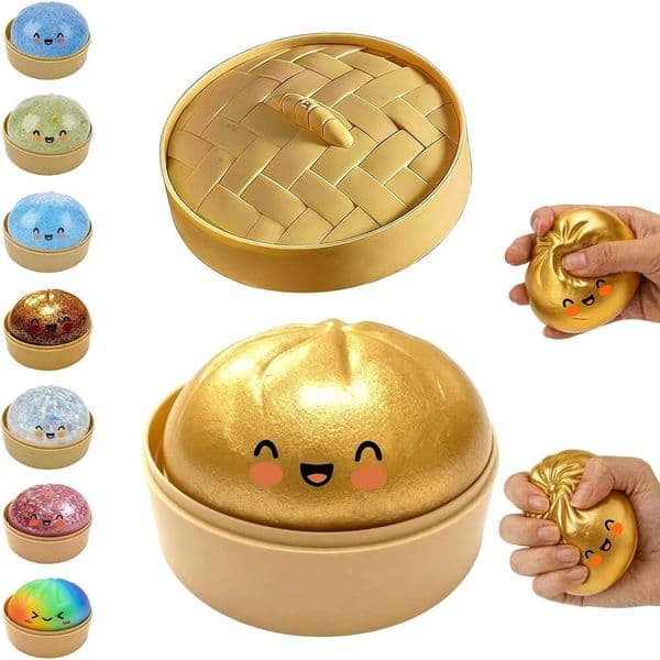Dumpling Squishies, Giant Glitter Bun Squishy, Colorful Sensory Toys Stress Relief Ball, Soft Squeeze Decompression Dough with Food Steamer (Golden Yellow)