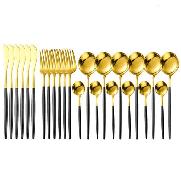 Luxury Designer Decor 24Pcs Black Gold Dinnerware 18 10 Stainless Steel room Knife Fork Spoon Cutlery Tableware Silverware Set Decoration Fo 7