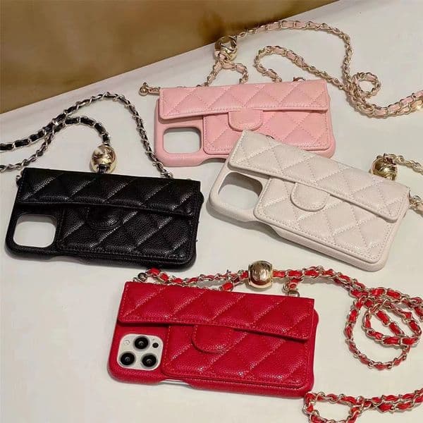 Caviar Diamond Crossbody Case for Apple 17 Pro Max iPhone 15 Slot 11 Chain 12 Card Holder
