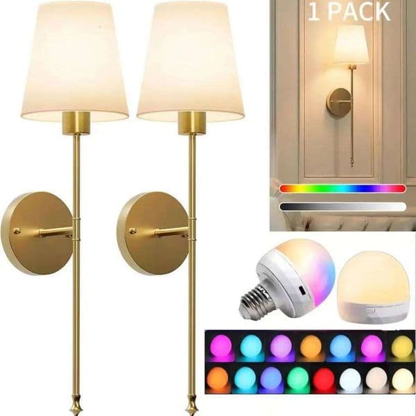Operated Sconce,Gold&Black Chargeable Lights with Dimmable Bulbs and Remote,15 Colors Wireless Wall Lamps for Bedroom