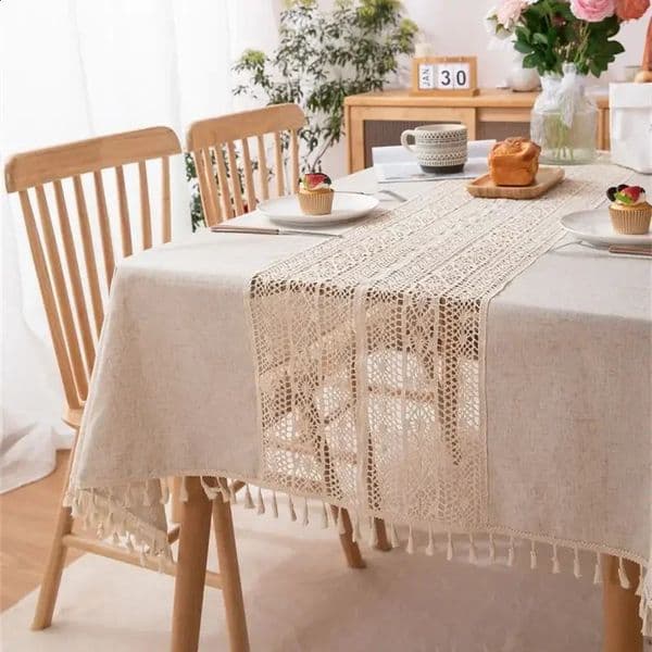 Rustic Table Cloth Rectangle Hollow Splicing Farmhouse Style Washable Tassel Tablecloth Kitchen Dining Room Christmas Decoration 260423