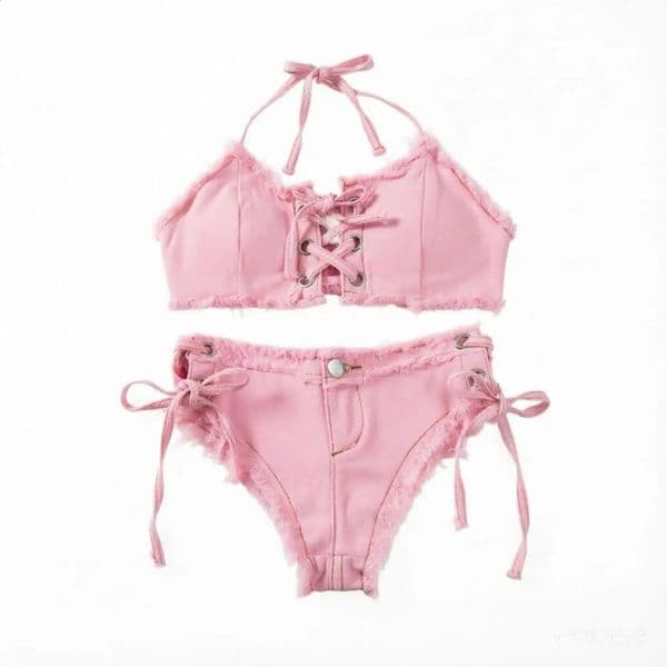 In 2026 Womens summer Sexy Denim Bikinis Sets Bar Nightclub Sexy Dance Outfits Top And Shorts 2 Pieces Jean Clothing 260424