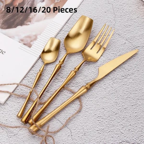 Luxury Designer Decor 8121620 Pieces Knife Spoon Fork Gold Cutlery Set Stainless Steel Tableware Sliver Dinnerware Kitchen room Utensils Fla 2