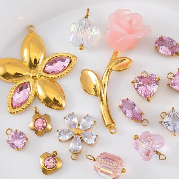 2/5pcs Stainless Steel Zircon Flower Pendants Crystal Pendants Water droplet Charms for DIY Jewelry Making Bracelet Accessories 260423