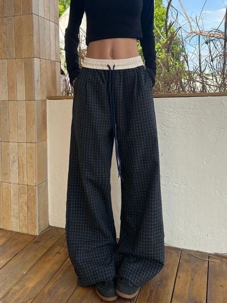 Plaid Patchwork Wide Leg Pants for Women Autumn American Vintage Y2K 2000s Style High Waisted Hip Hop Breathable Sweatpants 260424BANJIA