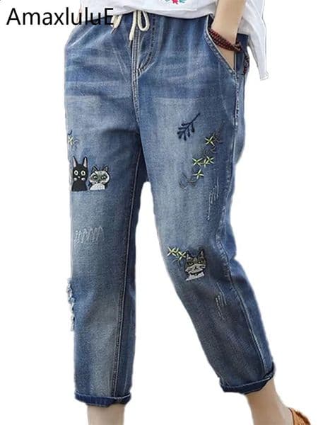 Amax luluE 2025 Fashion Summer Streetwear Denim Trousers Ladies Vintage Elastic Jeans Casual Loose Embroidery Harem Pants 260424BANJIA