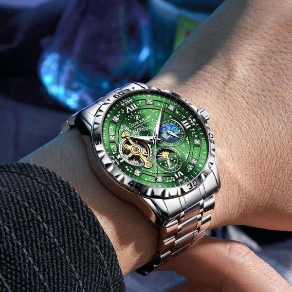 Men's Luxury Green Dial Automatic Watch, Moon Phase & Tourbillon Design, Stainless Steel Band, Diamond Inlay, Waterproof, Fashion Casual Business Wristwatch