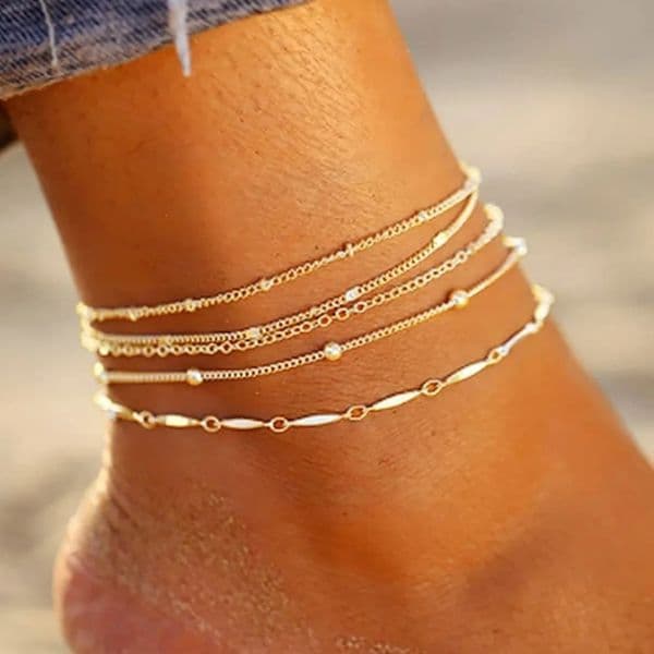 5 Piece Mixed Chain Anklet Set Bohemian Flat Snake and Twist Bracelets Layered Summer Foot Jewelry for Women 260424