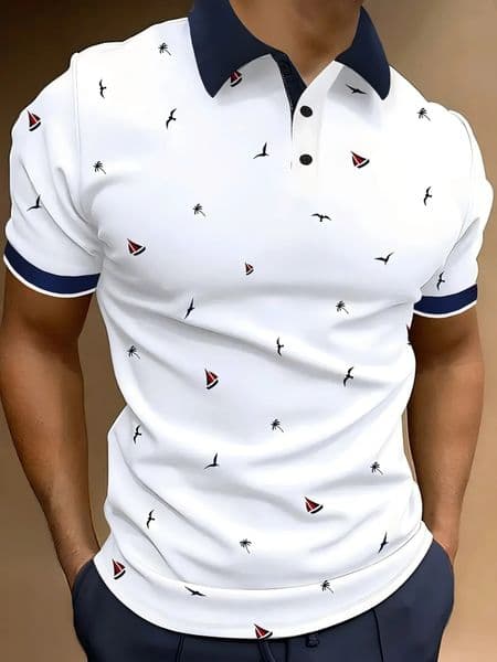 Summer mens contrasting short sleeved polo shirt casual and simple short sleeved T-shirt fashionable sailing printed thin spo 260424