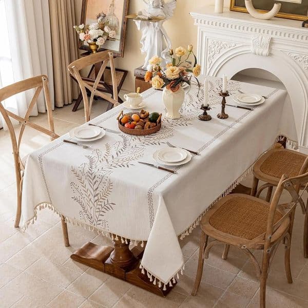 Rustic Cotton Linen Tablecloth Heavy Weigh Embroidery Table Cloth for Rectangle Farmhouse Spill-Proof Table Cover with Tassels 260423