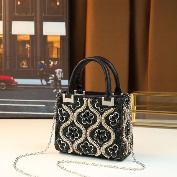 Sparkling Floral Small Square Bag With Full Embellishments, Black Gold Contrasting Colors, Heavy-Duty Rhinestone Inlay, Suitable For Evening Date Occasions,