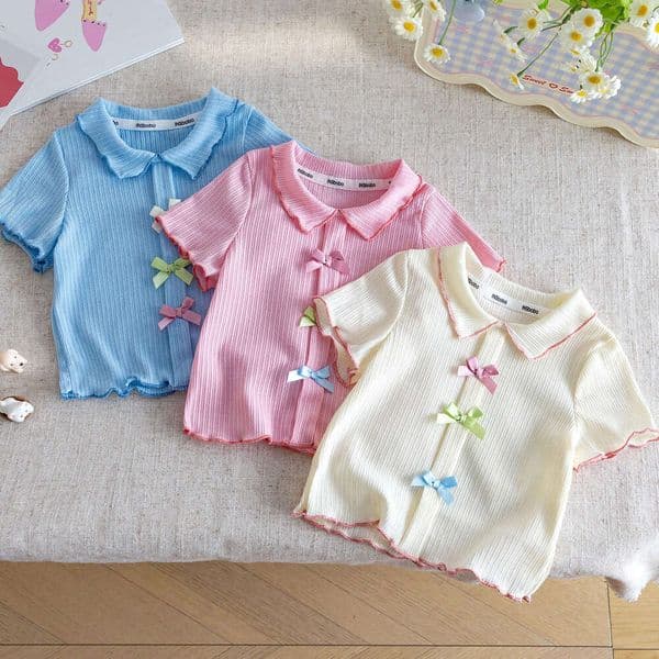 2026 New Summer Baby Girls Short Sleeve T-Shirt Sweet Bow Decor Stylish Thin Versatile Casual Top Fashion Kids Daily Blouse For Little Girls