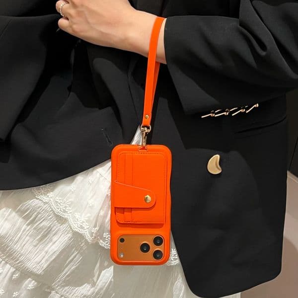 Orange lanyard holder protective suitable for iPhone 17 Pro Max, light luxury card slot European and American style Apple 16 phone case