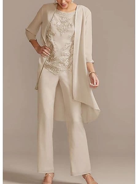 Pantsuit Jumpsuit Mother of the Bride Dress Elegant Jewel Neck Floor Length Chiffon Lace 3/4 Sleeve with Beading Appliques CA1023