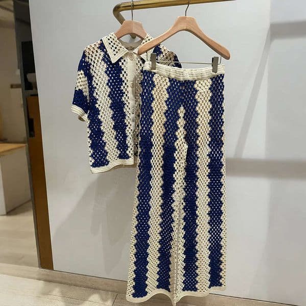 French Niche Summer Handmade Crochet Vertical Stripe Mesh Hollow Knit Collar Shirt And Pants Set Mdng260425