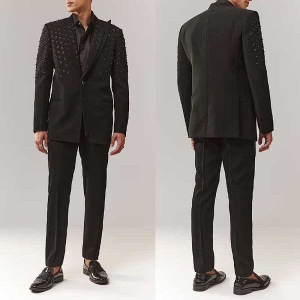 New Men Suits 2 Pieces Rhinestone Peaked Lapel Blazer One Button Groom Wedding Tuxedo Prom Party Customized